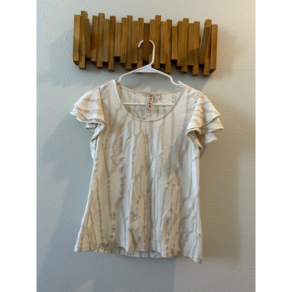 DOLAN Soft Knit Collection White Gold Stripe Ruffle Sleeve Top Size S